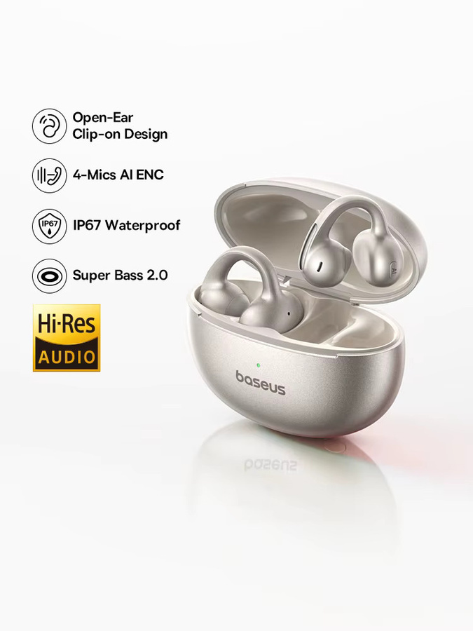 Baseus MC1 Pro Ohrclip Drahtlose Kopfhörer Bluetooth 6.0 Hi-Res Ultra Open Ohrhörer mit 4-Mic ENC in Silber - Bild 1