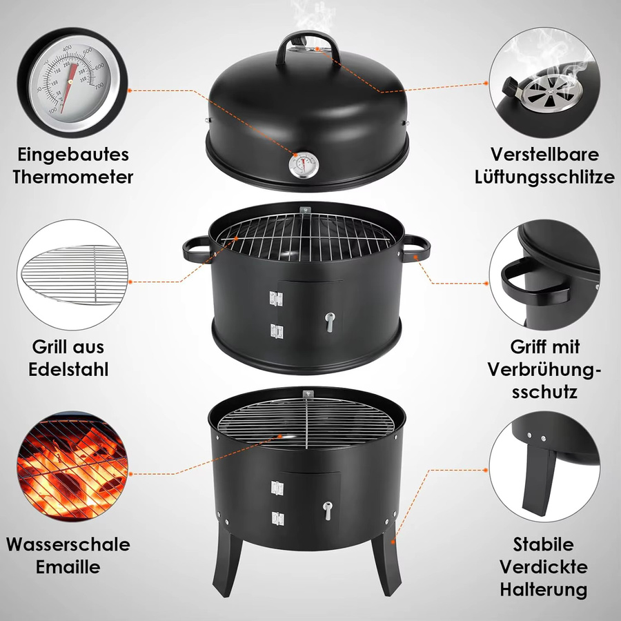 Tragbarer 3-in-1 Vertikal-Holzkohlegrill und Räuchergrill aus Edelstahl in Schwarz mit integriertem Thermometer und einstellbarem Entlüftungssystem, H: 81,0 cm, B: 51,0 cm, T: 51,0 cm - Bild 5