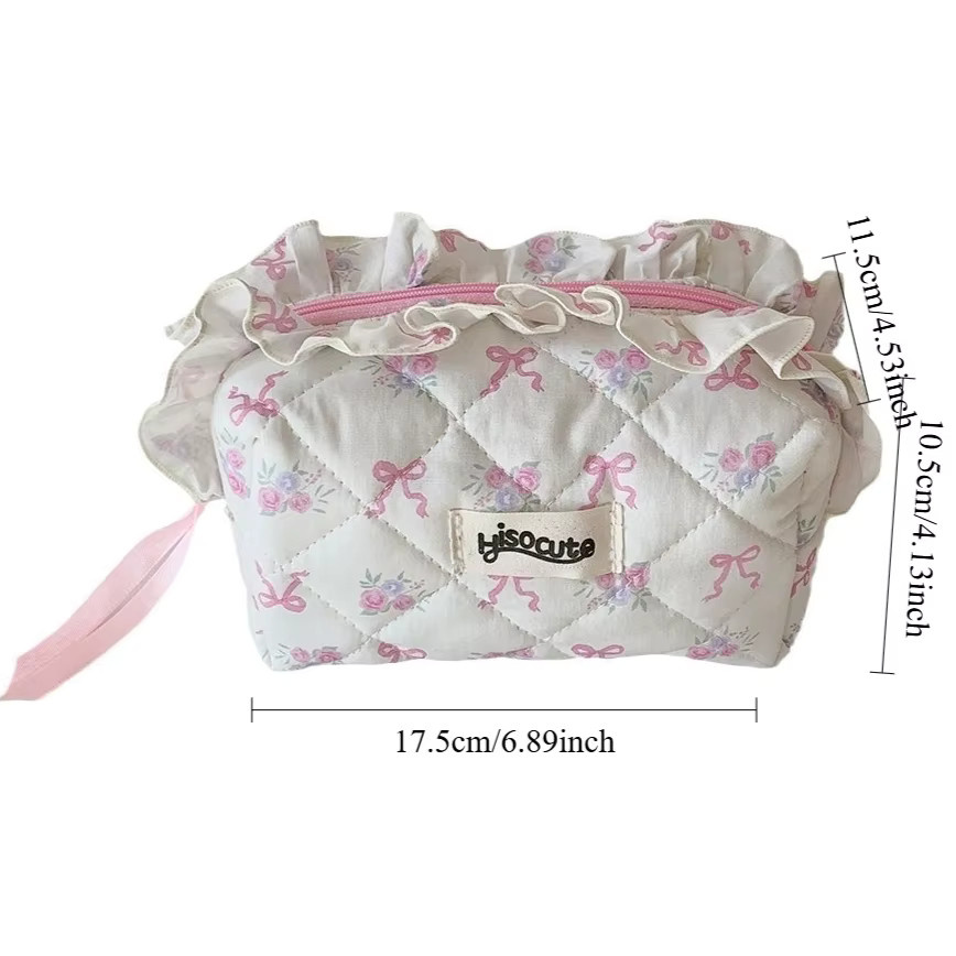 Kosmetiktasche aus Baumwolle von TWBEB in Weiß mit Blumenmuster und Rüschen für Make-up und Stifte - Bild 2