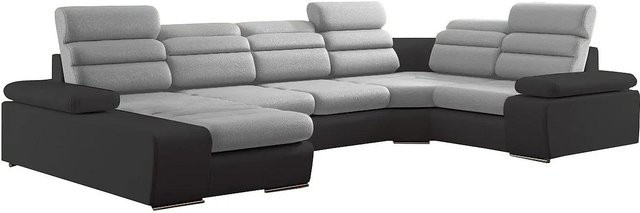 Vente-unique Schlafsofa Boileau in Grau, L-Form mit Schlaffunktion und Armlehnen, Breite: 362 cm - Bild 1