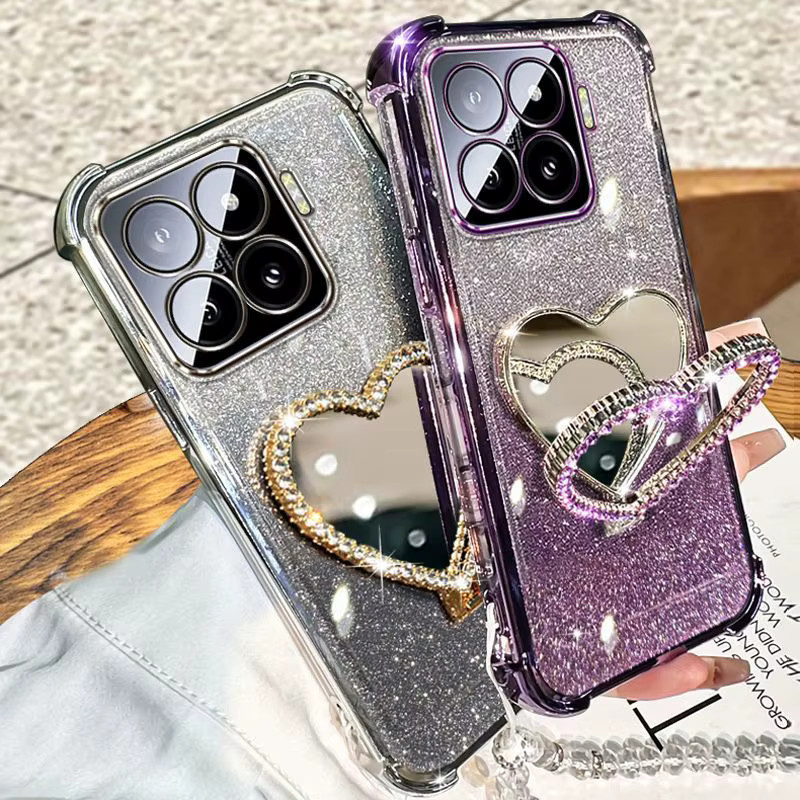 Glitzer Handyhülle für Xiaomi 15 Ultra 14T 14 Pro 13 12S mit Make-up-Spiegel, Halterung und Kristallarmband in Schwarz - Bild 2