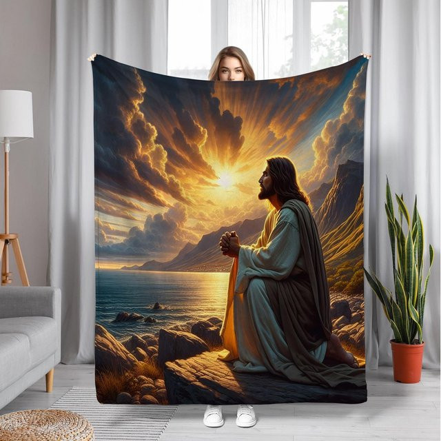 JMG Household Supplies Jesus-Gebet Flanell-Kuscheldecke mit Meereslandschaft Sonnenuntergang Druck, Mehrfarbig, B: 130 cm, T: 150 cm - Bild 1
