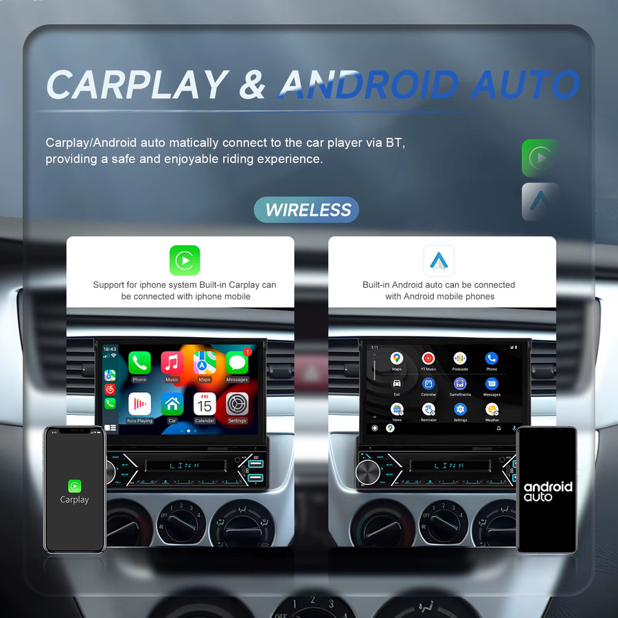 Podofo 1DIN Elektrisch Einziehbares Autoradio mit kabellosem CarPlay, Android Auto und Mirror Link, DAB+, FM, USB Typ-C, Schwarz - Bild 2