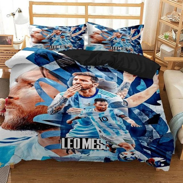 Beiwoer Messi Football Superstar Bettwäsche-Set mit 3D-Druck, FC Barcelona Design, Blau, B/H: 135 x 200 cm und 180 x 200 cm - Bild 1