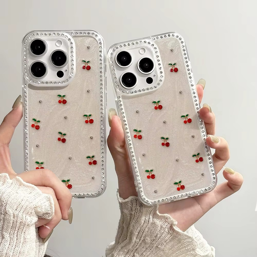 Bling Diamond Cherry Soft Phone Case für iPhone 17 Pro Max 16 15 14 13 12 11 Air Silikonhülle stoßfest transparent - Bild 2