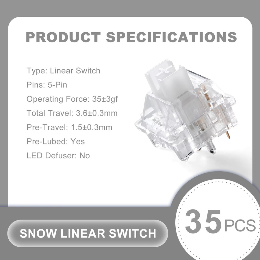YUNZII Snow Linear Switches, 35 Stück transparente mechanische 5-polige Schalter für Hot-Swap-Gaming-Tastaturen und MX-Tastenkappen - Bild 2