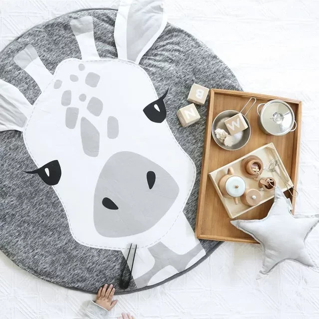 Runde Baby Matte aus Baumwolle mit Tier-Motiv in Grau für das Kinderzimmer - Bild 1