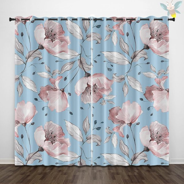 2er-Set Vorhänge mit floralem Naturmuster in Grau und Blau, halbtransparent, B: 140 cm, H: 160 cm - Bild 1