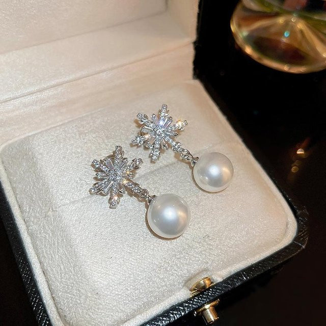 YIRAN Jewelry Hängeohrring Schneeflocke, Perlen, Zirkonia, Damen, black - Bild 1