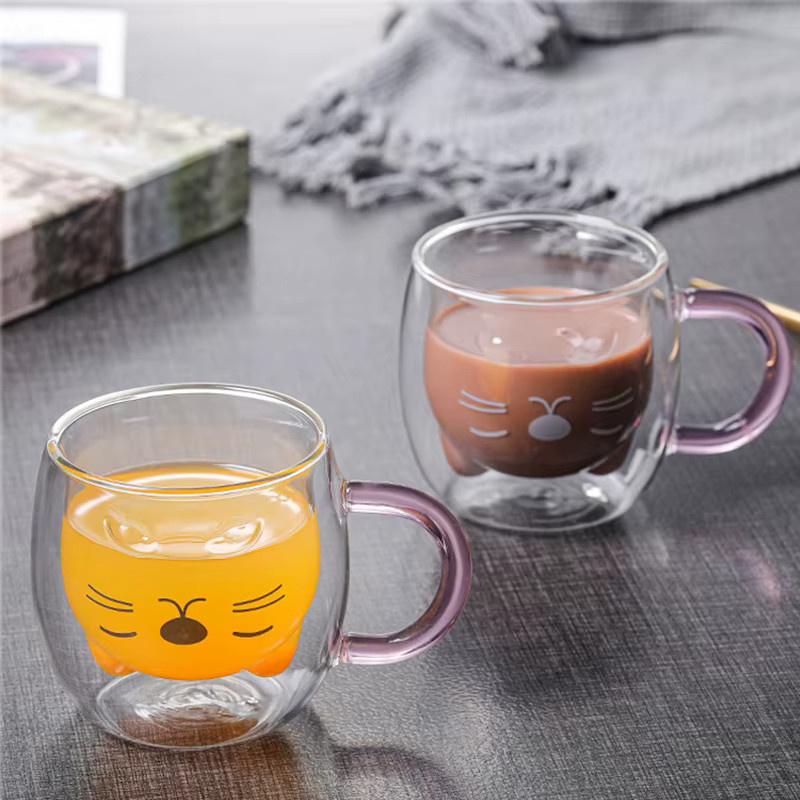 YWDL Doppelwandige Glas-Espressotasse mit Katzenmotiv, Transparent, 2er-Set - Bild 3