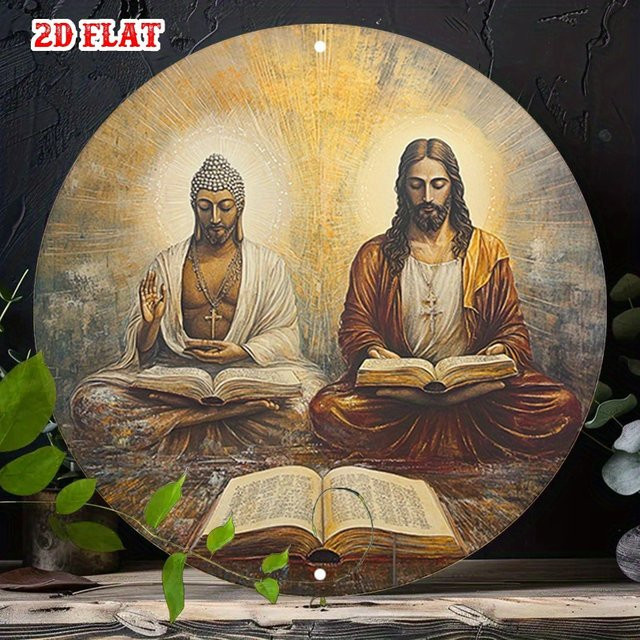 CIFBUY Aluminium-Wandkunst Jesus Buddha Lesend Metallschild Vintage Spirituelle Dekoration, B/H: 20 x 20 cm, Mehrfarbig - Bild 1