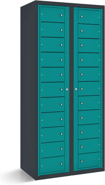 rotstahl Fächerschrank mit 22 Fächern und Zentraltüren in Türkis mit anthrazitgrauem Korpus, B/T/H: 80 x 50 x 180 cm - Bild 1