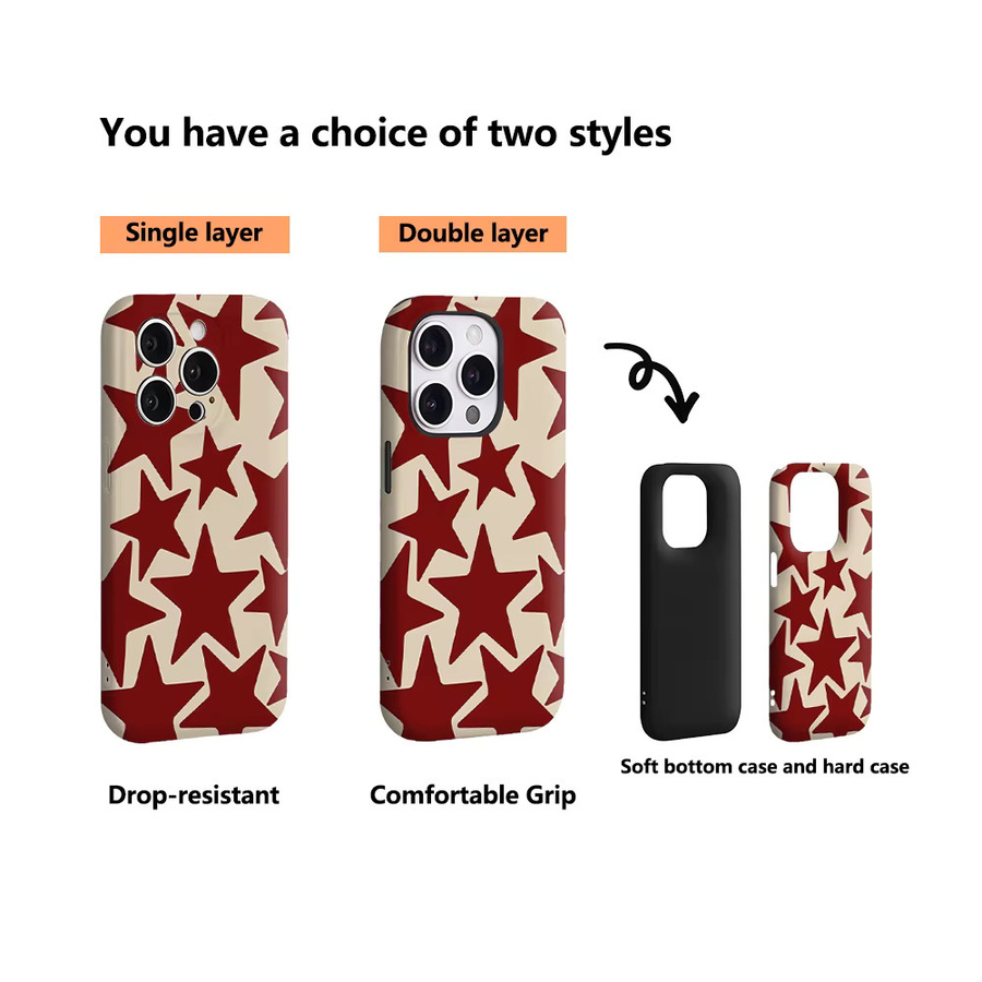 Potdemiel Burgundy Star Scatter Handyhülle für iPhone 17 16 15 14 13 12 Pro Max Plus mit doppelschichtiger Rückseite in Rot - Bild 3
