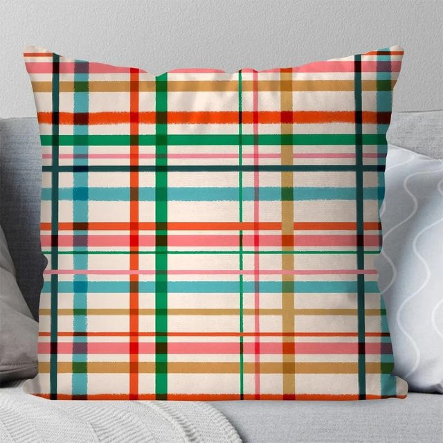 Shunika Chen Kissenbezug mit buntem Karomuster und Blumendruck in Multicolor, B/B/H: 18 x 18 x 18 cm - Bild 1