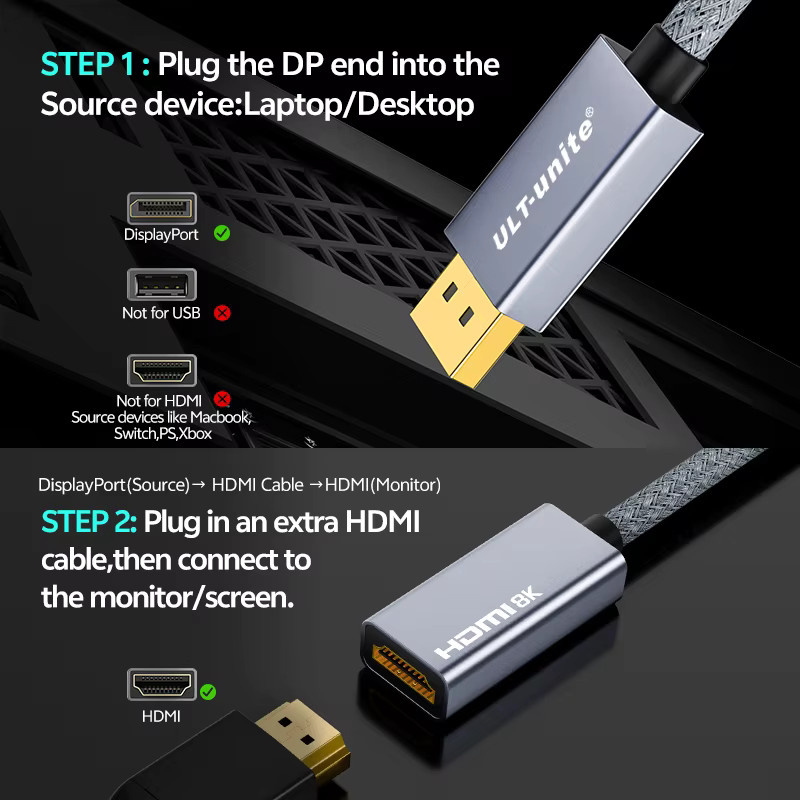 ULT-unite 8K DisplayPort zu HDMI Adapter, unidirektionaler Konverter für 4K bei 240Hz, passend für PC, Laptop und Projektor - Bild 4
