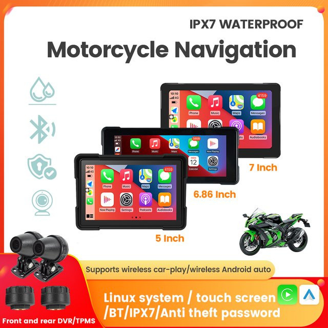 TomoStrong Tragbares Motorrad GPS Navigationssystem mit CarPlay und Android Auto, IPX7 Wasserdicht, DVR Stick Recorder und TPMS, Schwarz - Bild 1