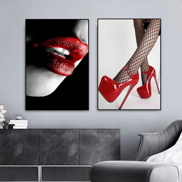 Moderne Wandkunst Potdemiel Poster mit Frauenmalerei in Rot, Schwarz und Weiß - Bild 1