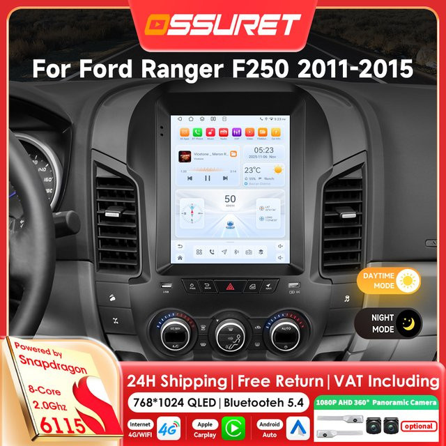 OSSURET 9,7 Zoll Multimedia-Player mit 360-Grad-Kamera für Ford Ranger und F250 2011 - 2015, Android Auto und Carplay, 8-Kern-System, Schwarz - Bild 1