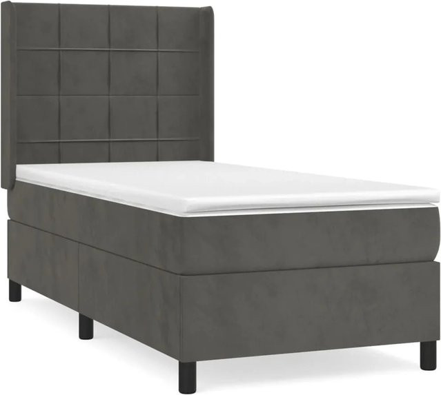 vidaXL Boxspringbett mit Matratze in Dunkelgrau aus Samt, Hybrid-Bett mit Taschenfederkern, B/T: 90 x 190 cm - Bild 1