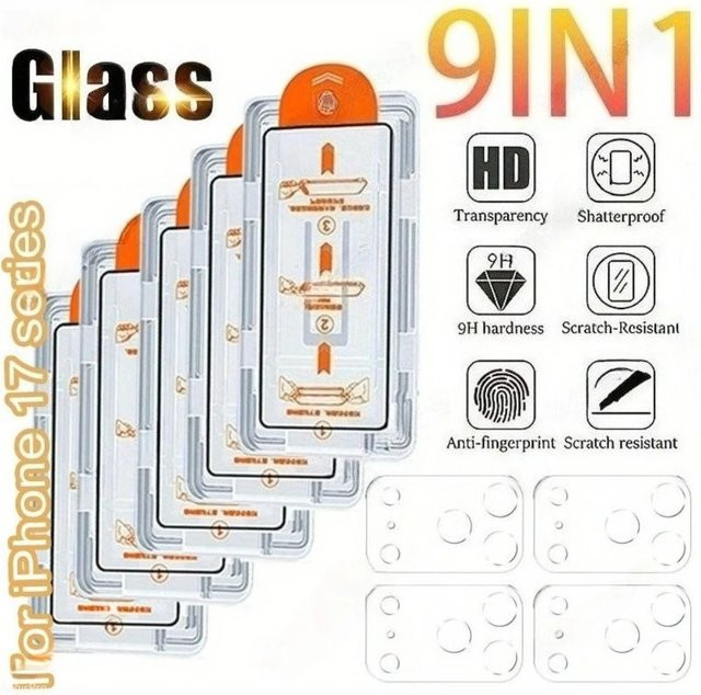 9-in-1 Ein-Klick Staubentfernungs-Set mit HD-Schutzfolie aus gehärtetem Glas für iPhone Kameraobjektiv, transparent - Bild 1