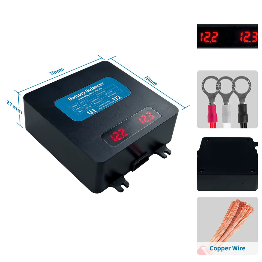 Batterie-Balancer mit LED-Anzeige für 2 x 12 V LiFePO4 und GEL Lithium-Batterien, 10-15 V, 0-10 A, Farbe: Schwarz - Bild 2