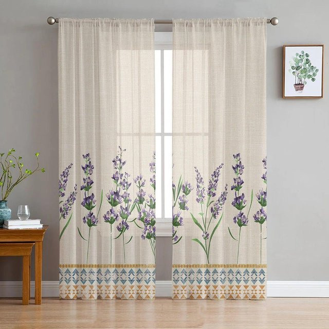 A Family Of Home Textiles Lavendel Voile Gardine mit Blumenmuster in Lila und Beige, Chiffon Tüll Vorhang für Wohnzimmer und Schlafzimmer, Breite: 135 cm, Höhe: 160 cm - Bild 1