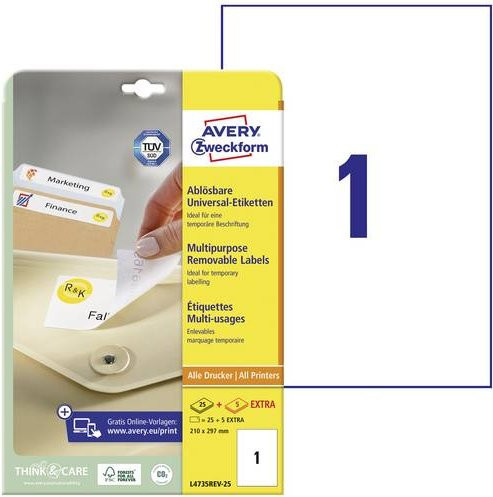 Avery Zweckform Universal-Etiketten L4735REV, Weiß, Papier, 30 Stück, A4, wiederablösbar - Bild 1