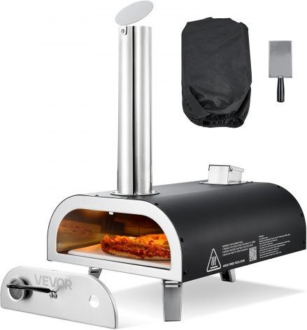 VEVOR Pellet-Pizzaofen 12 Zoll mit Thermometer, Pizzastein, Schaufel und Tragtasche, tragbarer Pizzamaker für Outdoor und Camping, Silber und Schwarz - Bild 1