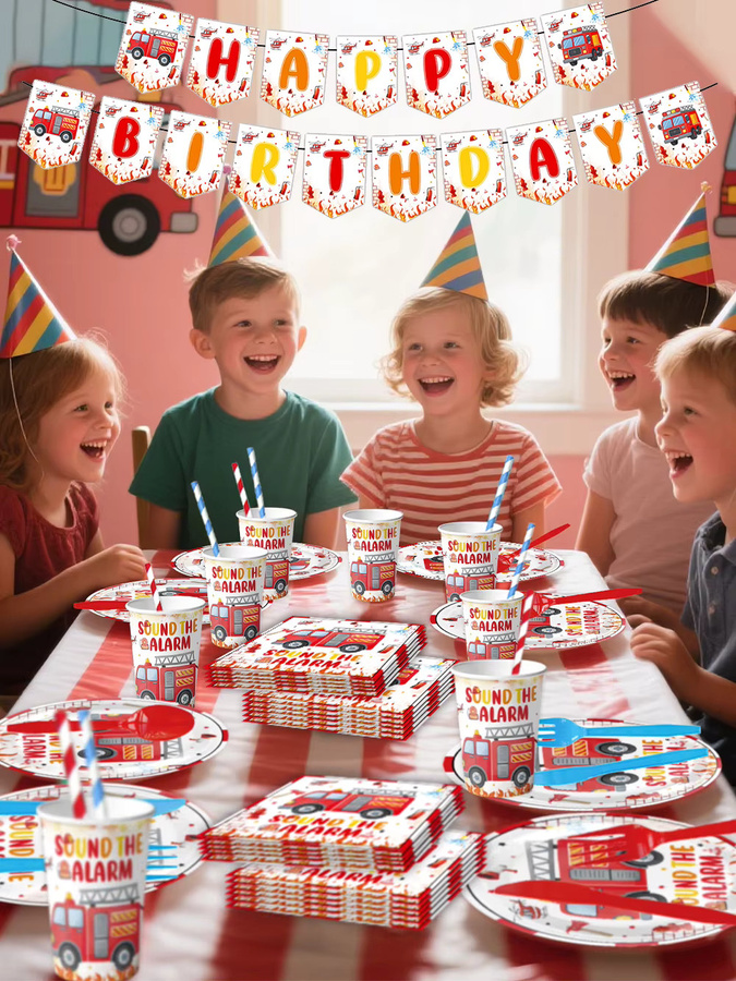 EsenTroye Feuerwehrauto Party-Set mit Geschirr, Servietten, Bechern und Tischdecke in Mehrfarbig für Kindergeburtstage - Bild 6