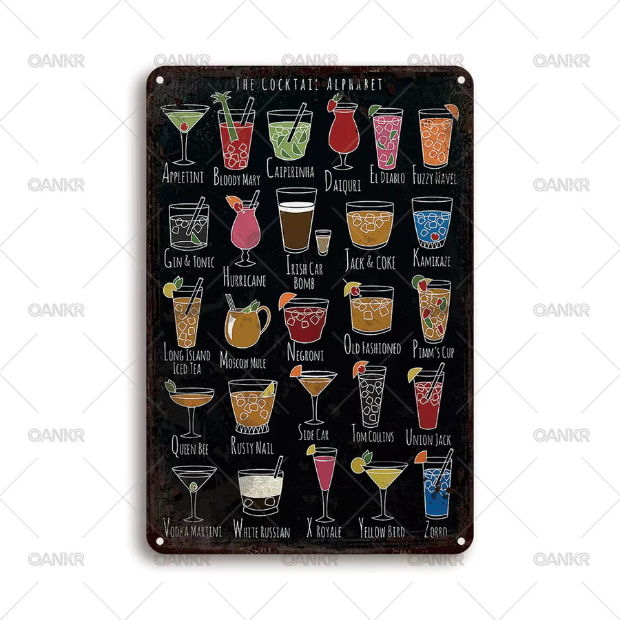 OANKR Vintage Metallschild Cocktail-Menü Wandkunst Deko, B/H: 30,0 x 20,0 cm, Mehrfarbig - Bild 2
