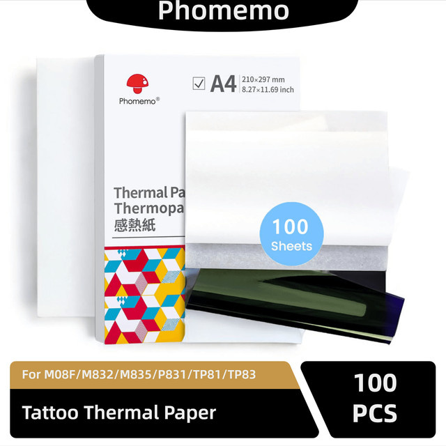 Phomemo M08F Tattoo Transfer Papier A4, 100 Stück, Weißes Thermopapier für Schablonen und Tattoo-Drucker - Bild 1