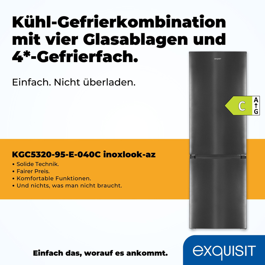 Exquisit Kühl-Gefrierkombination KGC5320-95-E-040C in Silver, Freistehendes Bottom-Gerät mit Inoxlook, LED-Innenbeleuchtung und Flaschenregal, B/T/H: 60 x 60 x 185,8 cm - Bild 2