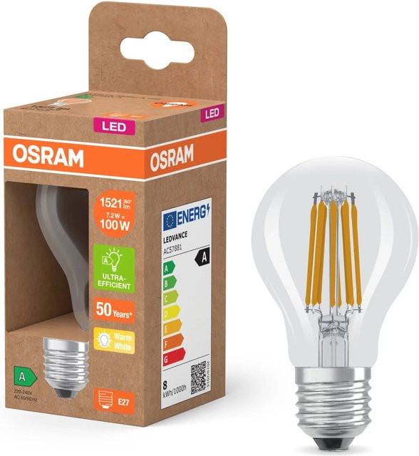 Osram LED-Lampe E27 A100 Filament Design, Warmweiß, Transparent, Höhe: 10,5 cm, Durchmesser: 6 cm - Bild 1