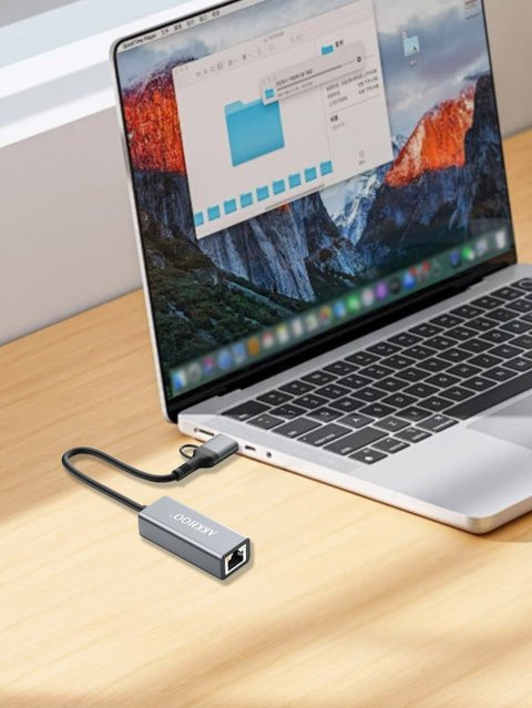 AKKHOO USB und Type-C Zwei-in-Eins Netzwerkkartenkonverter RJ45 Ethernet LAN Adapter in Grau - Bild 1