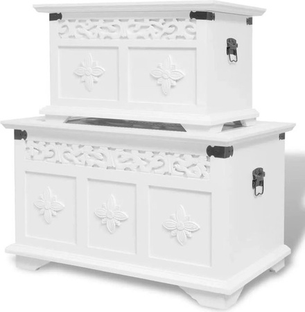 vidaXL Aufbewahrungstruhe Set aus 2 Stück in Weiß im antiken Stil mit Ornamenten aus MDF und Kiefernholz