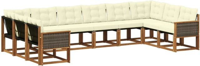 vidaXL Outdoor-Sofagarnitur in L-Form aus Akazie mit 10 Kissen in Natur und Creme - Bild 1