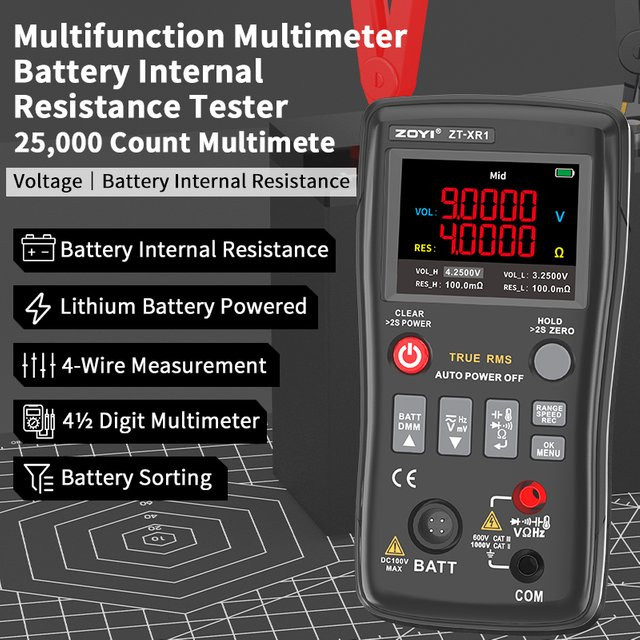ZOYI ZT-XR1 2-in-1 Lithium-Batterie-Multimeter in Schwarz: Hochpräziser Innenwiderstandstester für die Spannungs- und Widerstandsmessung von 18650 Akkumulatoren - Bild 1
