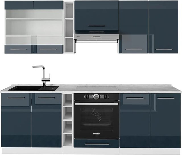 Vicco Küchenzeile Fame-Line in Weiß und Dunkelblau Hochglanz mit Arbeitsplatte in Weiß-Marmor, Breite: 235 cm - Bild 2
