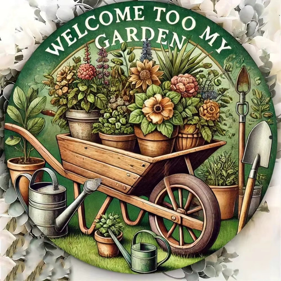 CIFBUY Retro Garten-Willkommensschild aus Metall in Weiß und Mehrfarbig, Rundes Wandkunst-Dekor mit floralem Design, Durchmesser: 19,81 cm - Bild 3