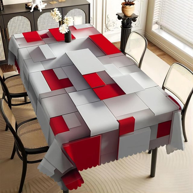 JINGYUE Pet Tischdecke mit modernem 3D-Geometrie-Druck in Rot, Grau und Weiß, wasserabweisend und waschbar, B: 140 cm, L: 240 cm - Bild 1