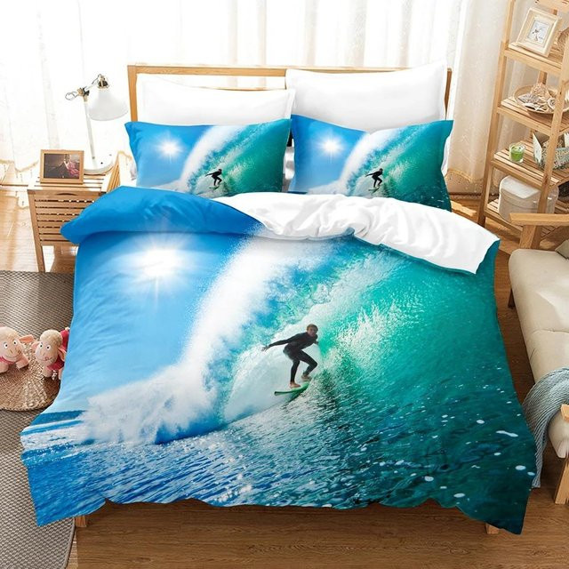 Binchi Fitness Sea Surfing Bettwäscheset mit Ozean- und Surfbrett-Motiv, Blau, Polyester, B/H: 180 x 210 cm - Bild 1