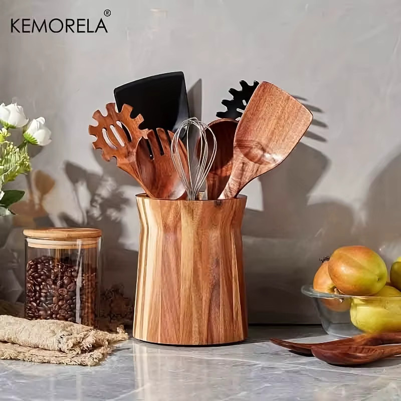 KEMORELA 360-Grad drehbarer Utensilienhalter aus Holz in Braun – Platzsparender Arbeitsplatten-Organizer für Löffel, Spatel und Schöpfkellen - Bild 4