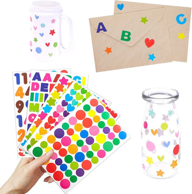 ZYF Buntes Aufkleber Set mit Buchstaben, Punkten, Herzen und Sternen für Tagebuch und Fotoalben, 10 Blatt, Mehrfarbig - Bild 1