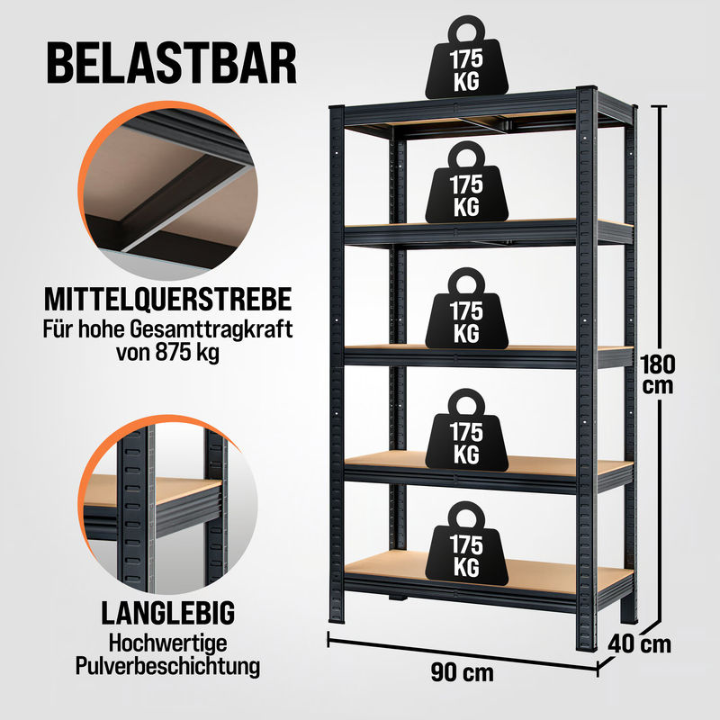 Schwerlastregal 2er-Set MONZANA in Schwarz und Silber, pulverbeschichtet mit verstellbaren Regalböden, H x B x T: 180 x 90 x 40 cm - Bild 2