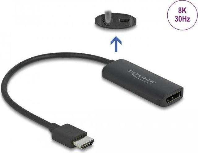 DeLOCK HDMI-A Stecker auf DisplayPort Buchse Adapter in Schwarz mit Micro-USB für 8K Auflösung (64213) - Bild 1