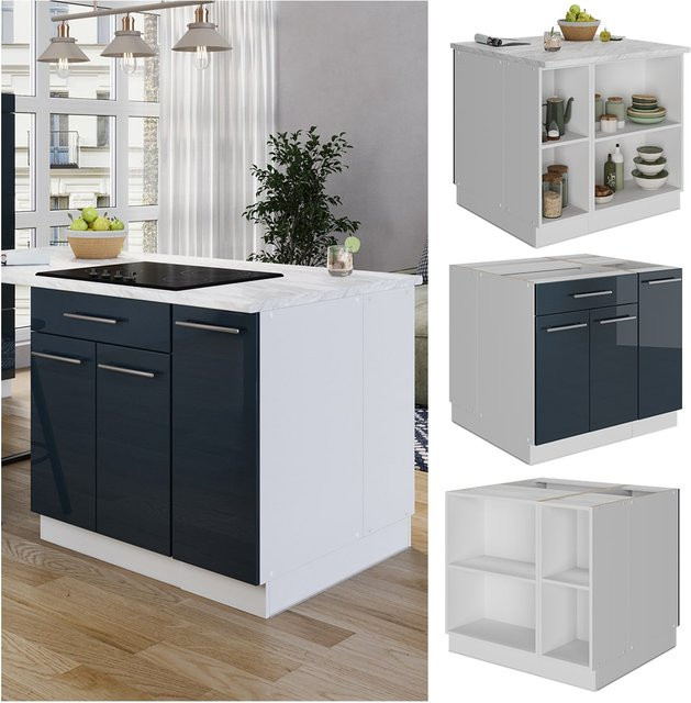 Vicco Kücheninsel Fame-Line in Weiß und Dunkelblau Hochglanz mit offenen Regalfächern und Soft-Close-Scharnieren, Breite: 90 cm - Bild 1
