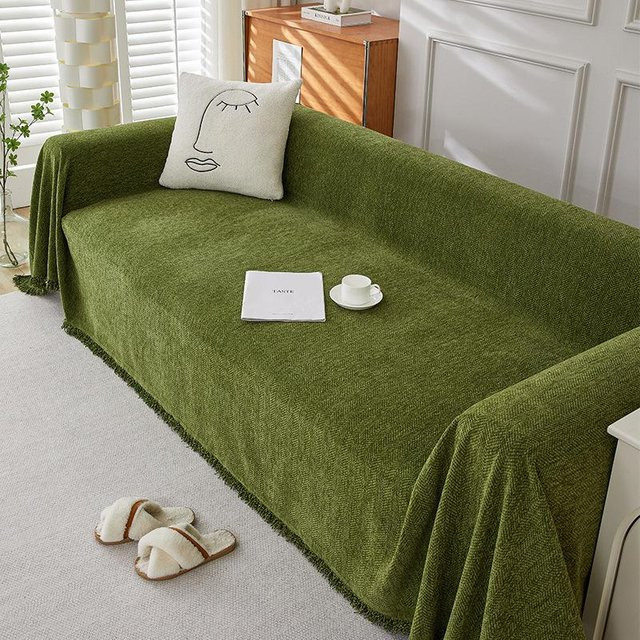 Yiran Furniture Chenille Sofabezug mit Fischgrätmuster und Quaste, Farbe: Grün, B: 180 cm, T: 130 cm - Bild 1