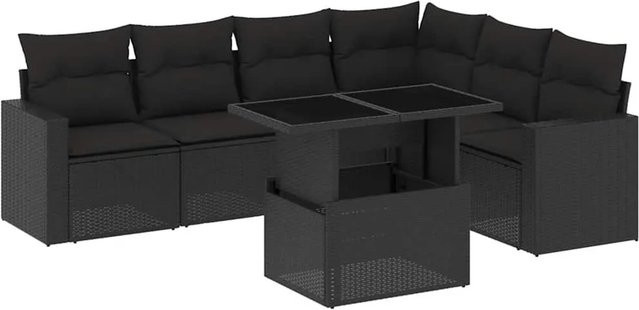 vidaXL 7-teilige Garten-Sofagarnitur in L-Form aus schwarzem Poly-Rattan mit Kissen und pulverbeschichtetem Stahlgestell - Bild 1