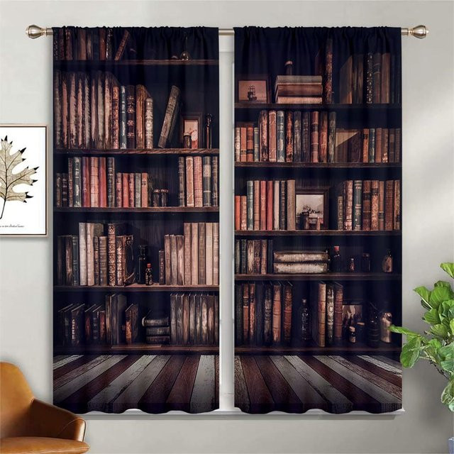 2er-Set Yiran Furniture Vorhänge im Vintage-Bücherregal-Design aus Polyester, braun, halbtransparent, Breite: 50 cm, Höhe: 140 cm - Bild 1