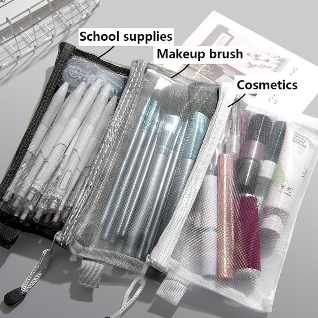 3-teiliges transparentes Federmäppchen aus Nylon und Kunststoff mit Reißverschluss für Schreibwaren und Kosmetik in Schwarz, Weiß und Grau - Bild 1